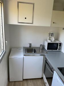 a small kitchen with a sink and a microwave at Studio Saint-Tropez Heraclée in Saint-Tropez
