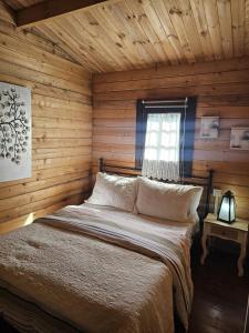 a bedroom with a bed in a log cabin at CABAÑA Mirador de las Lagunetas in Vega de San Mateo