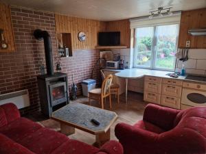a kitchen and living room with a stove and a table at Halmis FeWo in Derenburg