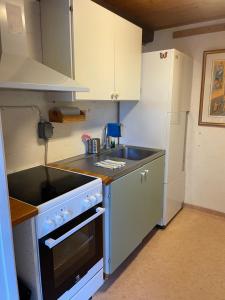 a small kitchen with a sink and a stove at Drömhus på Österlen in Glemminge