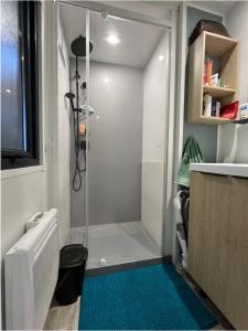 a shower with a glass door in a bathroom at MobilHomeTorreilles in Torreilles