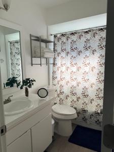 een badkamer met toilet en douchegordijn bij Dos alcobas, entrada independiente in Kissimmee +14 foto's