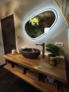 a bathroom with a sink and a mirror at Lakewood Cabin - Surduc Lake in Fîrdea