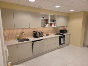 a large kitchen with white cabinets and appliances at Aurora Andøya Suites in Andøya