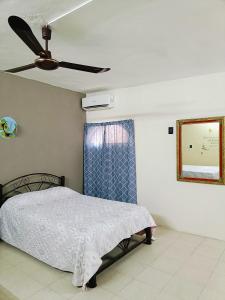 een slaapkamer met een bed en een plafondventilator bij Casa Polito in Izamal