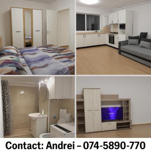 a collage of three pictures of a room at Double rooms apartament in Sînpetru