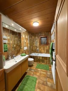 een badkamer met wastafel, toilet en televisie bij Geissanger, Ferienwohnung in Tux +42 foto's