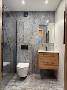 a bathroom with a toilet and a sink and a shower at OAK House domek z balią w Serskim Lesie in Las Dalny +13 photos