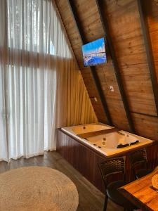 een kamer met een badkuip en een tv aan het plafond bij Chalé Riacho - Cabana em Contenda - Chalé romântico com hidromassagem in Contenda