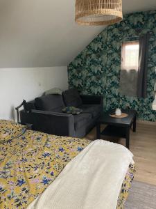 een woonkamer met een bed en een bank bij Chambre dans maison indépendante in Plougastel-Daoulas