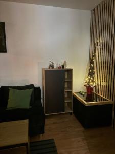 a living room with a couch and a christmas tree at Apartament Zimowa 16 in Srebrna Góra