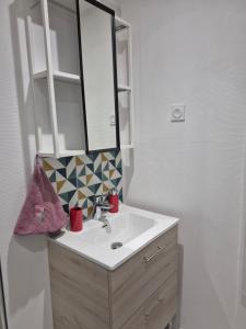 een badkamer met een wastafel en een spiegel bij Le break en nord Cotentin in Cherbourg en Cotentin