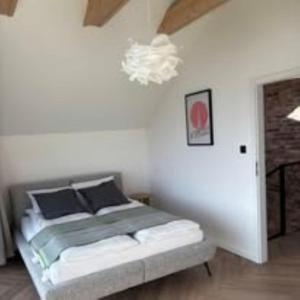 a bedroom with a bed and a chandelier at BeskidView Meszna 1 in Meszna
