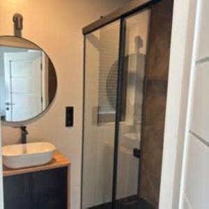 a bathroom with a shower with a sink and a mirror at BeskidView Meszna 1 in Meszna +9 photos