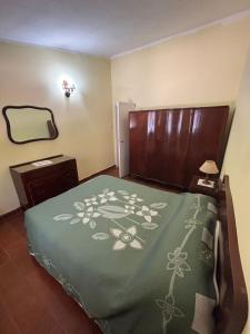 a bedroom with a bed with a green blanket at Paraíso in Mina Clavero