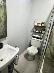 a bathroom with a white toilet and a sink at Mayaro getaway in Saint Margaret