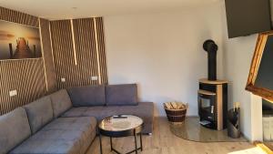a living room with a blue couch and a tv at Ferienappartement Talblick in Hohnstein