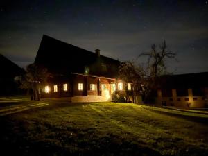 una casa illuminata di notte con luci di Ferienhaus Reschbauer a Mainsdorf