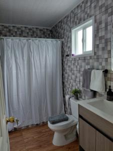 a bathroom with a white shower curtain and a toilet at Cabaña 3 Aeropuerto el Tepual in Puerto Montt