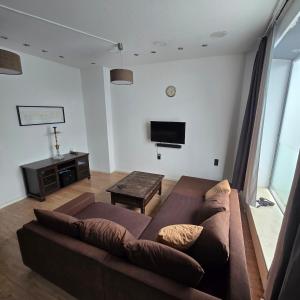 a living room with a brown couch and a tv at DoubleRoom - work and stay - shared house - 2floor in Linz am Rhein