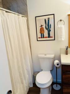 a bathroom with a toilet and a shower curtain at Casa Aloha Designer Condo w Oceanfront Pool in Kailua-Kona