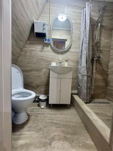 a bathroom with a toilet and a mirror at 3A-Chalet-Liban in Liban +12 photos