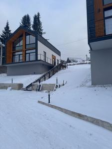 a house with snow on the ground in front of it at cottages GRUN in Yablunytsya