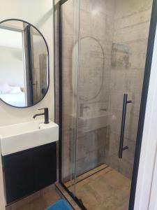 a bathroom with a shower with a sink and a mirror at Mapua Hills Hideaway in Upper Moutere