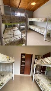 two different pictures of bunk beds in a room at Complejo de cabañas El Nido in Mina Clavero
