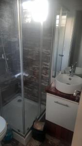 ein Badezimmer mit Dusche, Waschbecken und Toilette in der Unterkunft Chalet Bilu in Piriápolis