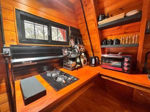 a kitchen with a stove in a room with wooden walls at A Mi Manera Apart in Merlo