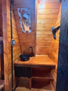 a bathroom with a sink in a wooden wall at A Mi Manera Apart in Merlo +76 photos