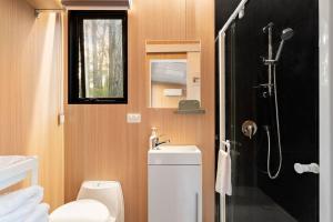 a bathroom with a shower and a toilet and a sink at Quantum Field by Tiny Away in Toolangi