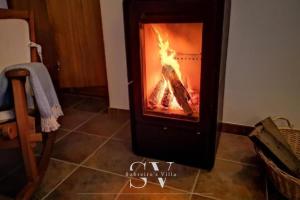 a fireplace with a picture of a woman on it at Sobreiro's Villa in Douro Valley in Mesão Frio