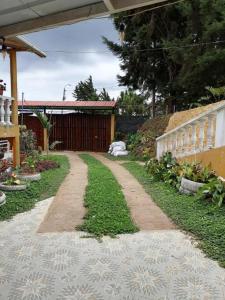 a path in a yard with a dog laying on the grass at Casa Lucy in Yumbo