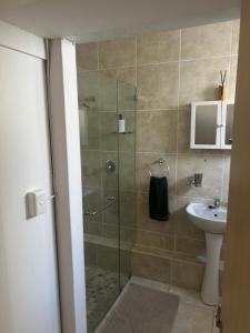 a shower with a glass door next to a sink at The College Suite, Mill Park in Gqeberha