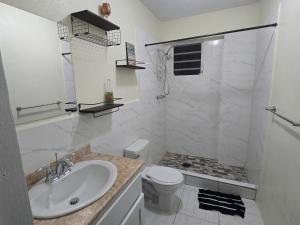 een witte badkamer met een wastafel en een toilet bij Tiny Bliss Apartments in Potters Village