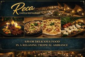 a collage of photos of a restaurant with food at Reca Resort and Spa in Porac