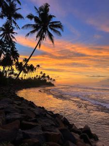 a beach with palm trees and the ocean at sunset at Madi House in Matara