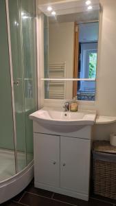 a bathroom with a white sink and a shower at Independent studio in nature in Saint-Valérien +18 photos