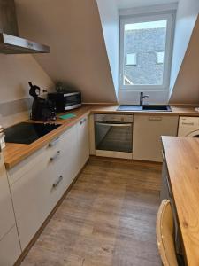 eine kleine Küche mit Spüle und Fenster in der Unterkunft Le petit pierre in Quimper