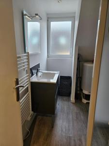 ein Badezimmer mit Waschbecken und Fenster in der Unterkunft Le petit pierre in Quimper