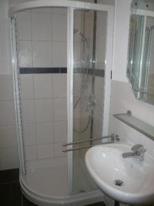 a bathroom with a shower and a sink and a sink at Ferienwohnung Bio-Bauernhof Schuwerk in Isny im Allgäu