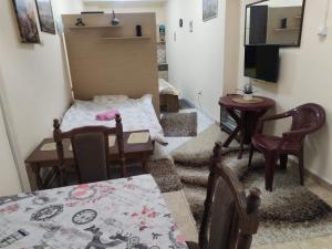 a living room with a table and chairs and a television at TREF 1 in Soko Banja