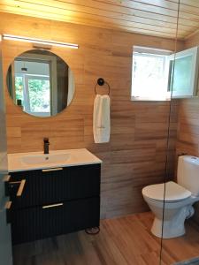 een badkamer met een wastafel en een spiegel en een toilet bij Epic Glamping in Călimăneşti