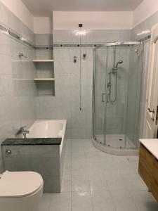 a bathroom with a shower and a toilet and a sink at Lo Zio Vito in Porto San Giorgio +11 photos