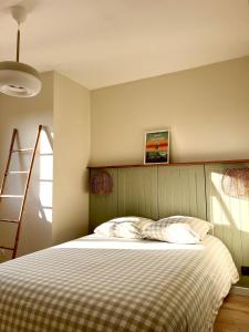 a bedroom with a bed with two pillows on it at Renovated house near beaches in Saint-Coulomb +8 photos