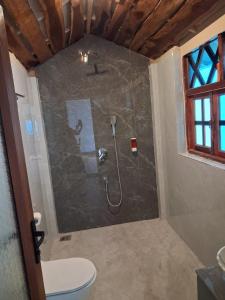 a bathroom with a shower with a toilet in it at Sea Shades Cottages I Private Jacuzzi in Palolem