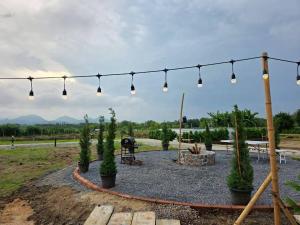 a group of lights hanging over a patio with plants at LeLaNa Farmstay Camping in Pak Chong