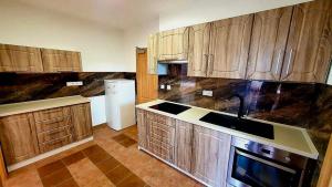 a kitchen with wooden cabinets and a sink and a refrigerator at Penzion rodina in Chornice